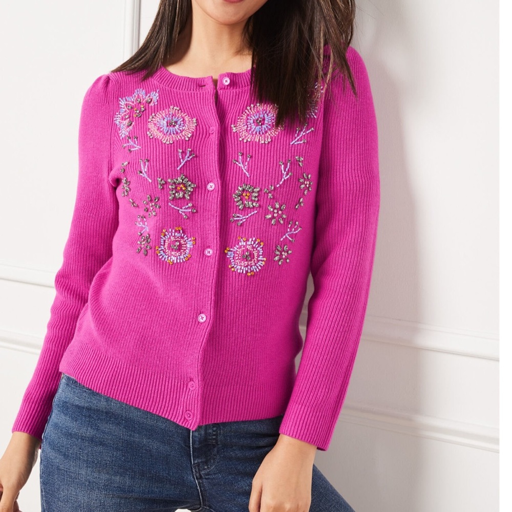 Talbots Floral Embellished Cardigan Size L Women Preppy Cotton Blend Long Sleeve